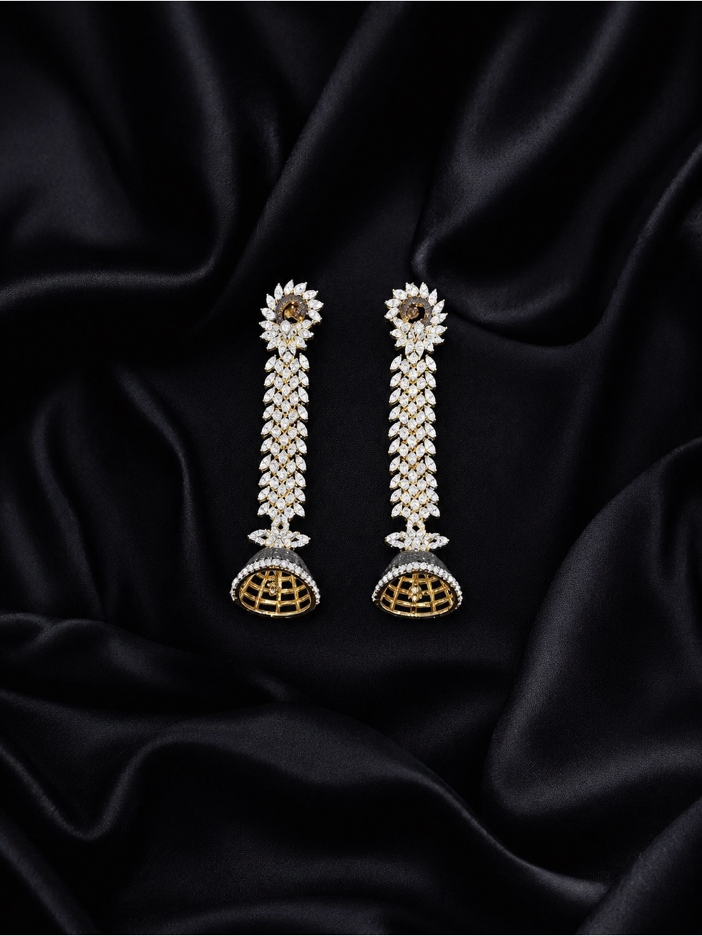 Dazzling Gold and White Crystal Long Drop Earrings